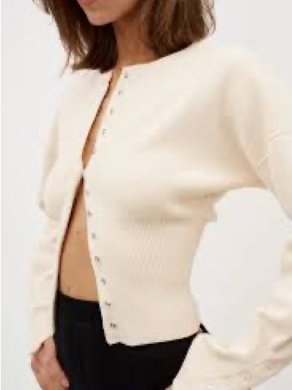 Cream Button-Front Ribbed Waist Knit Top - Picture 4 of 16